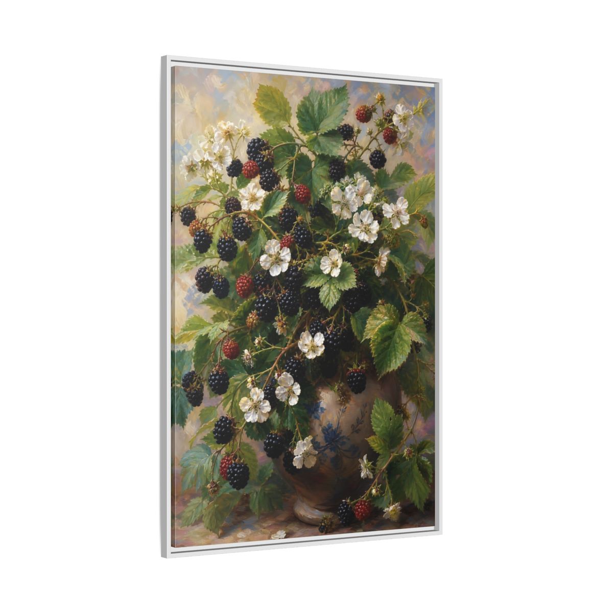 Side Mockup 7. Blackberry Blossoms In Vase shown as framed canvas print