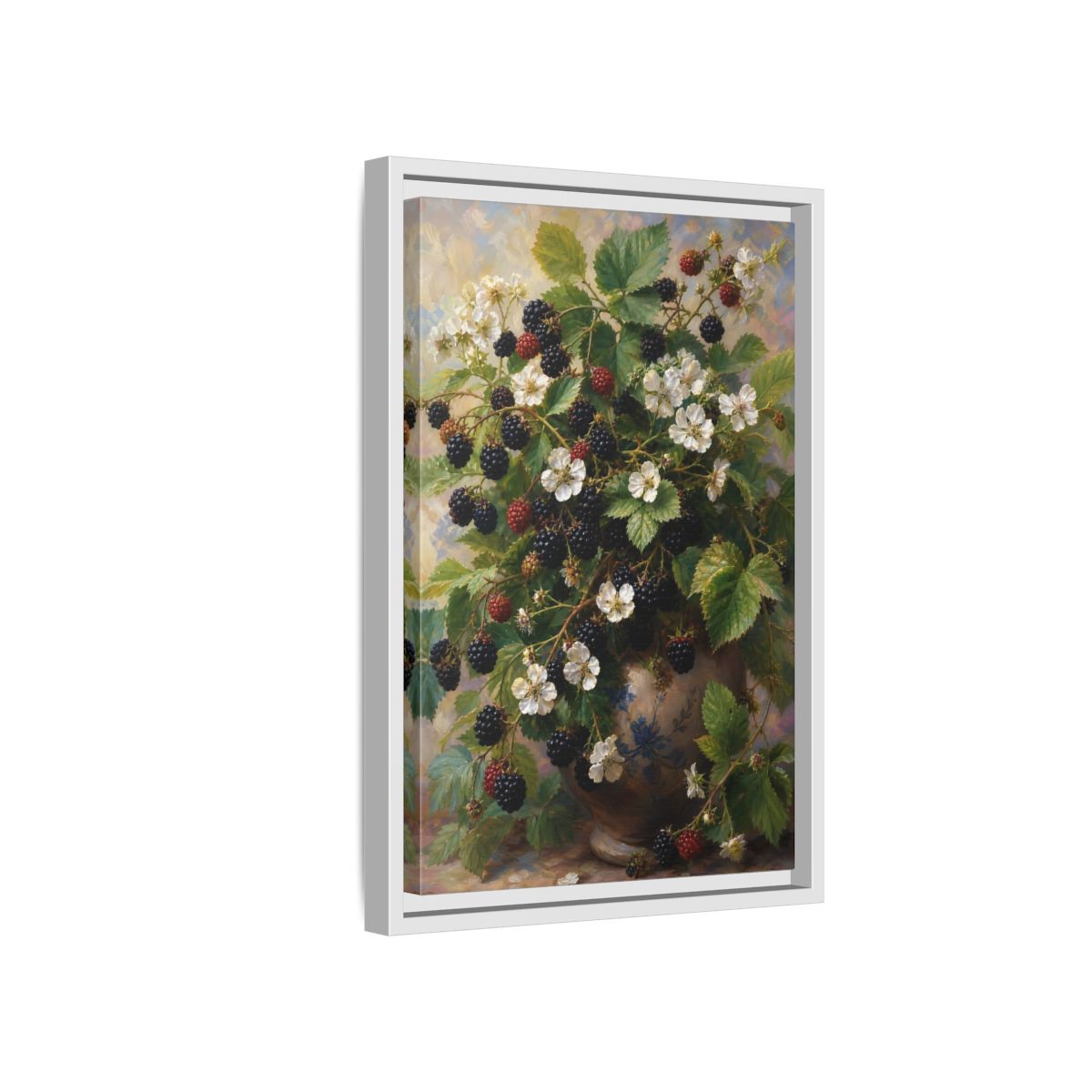 Side Mockup 4. Blackberry Blossoms In Vase shown as framed canvas print
