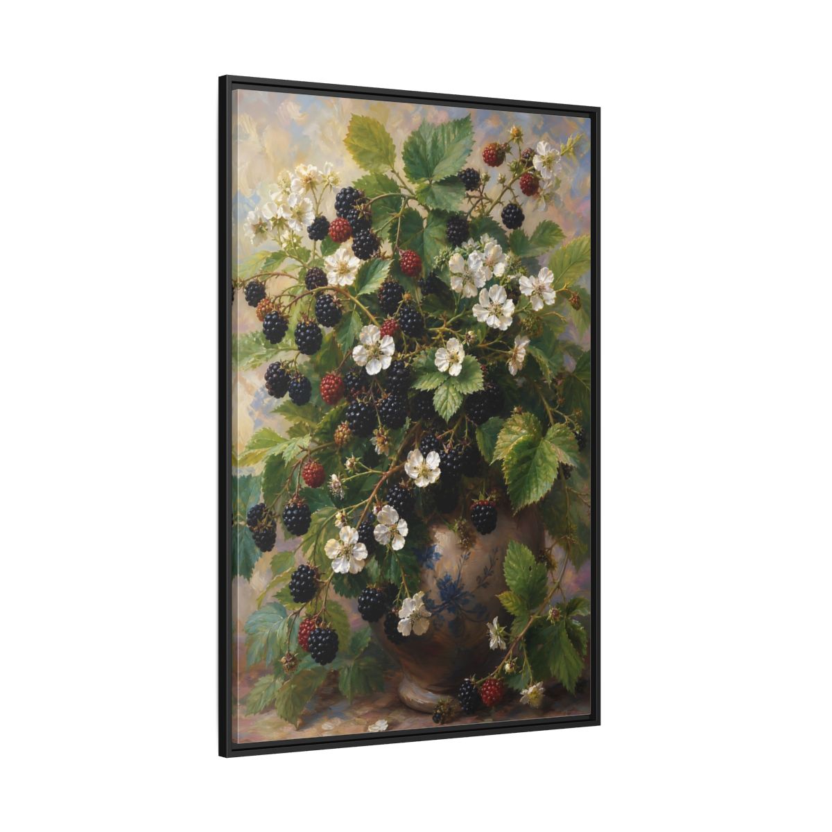 Side Mockup 12. Blackberry Blossoms In Vase shown as framed canvas print