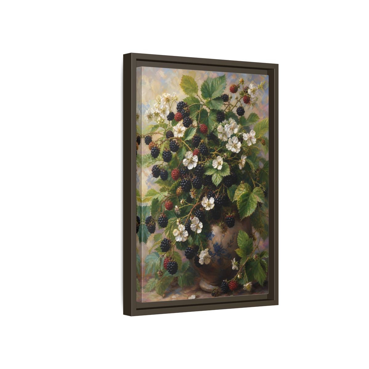 Side Mockup 5. Blackberry Blossoms In Vase shown as framed canvas print