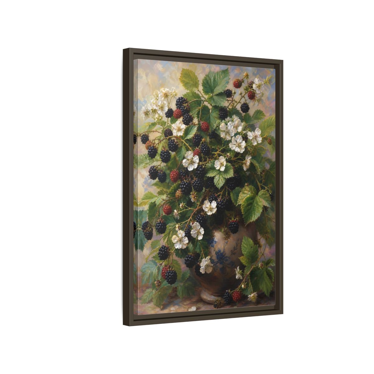 Side Mockup 2. Blackberry Blossoms In Vase shown as framed canvas print