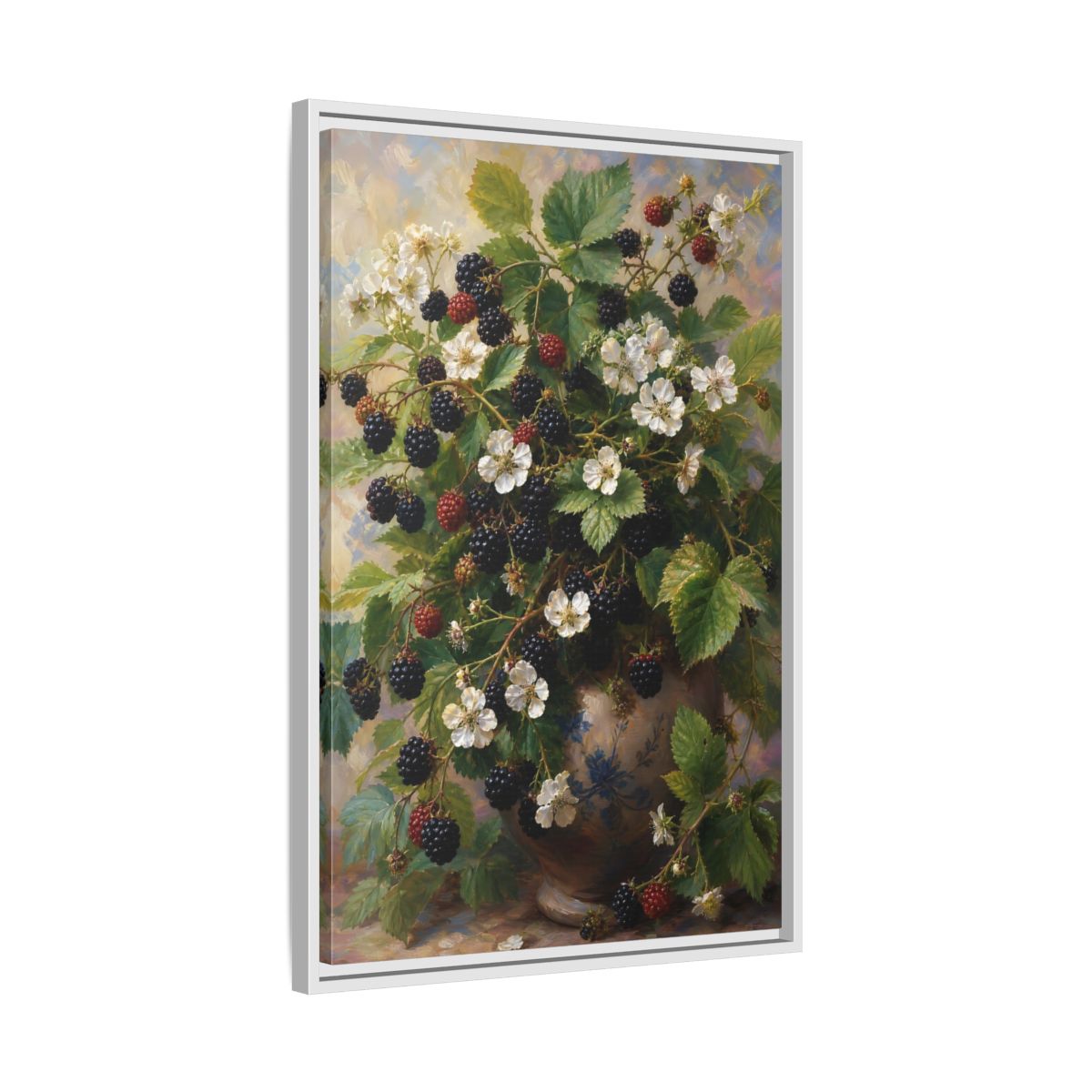 Side Mockup 10. Blackberry Blossoms In Vase shown as framed canvas print