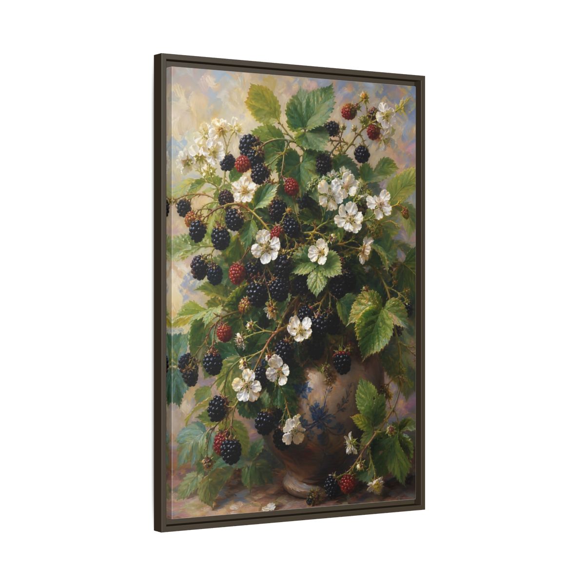 Main Mockup. Blackberry Blossoms In Vase shown as framed canvas print