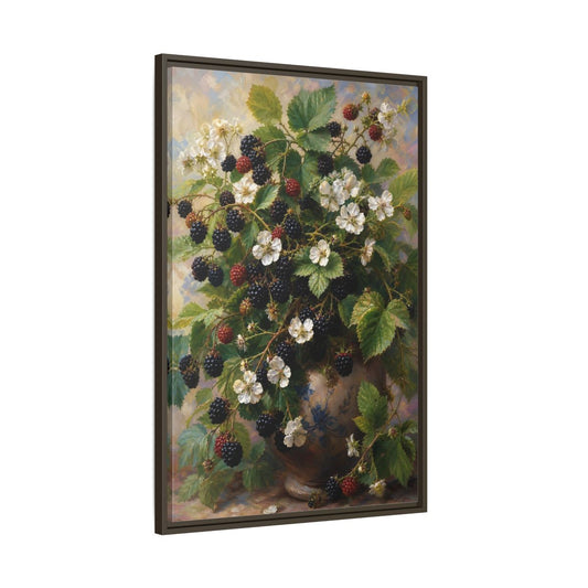 Main Mockup. Blackberry Blossoms In Vase shown as framed canvas print