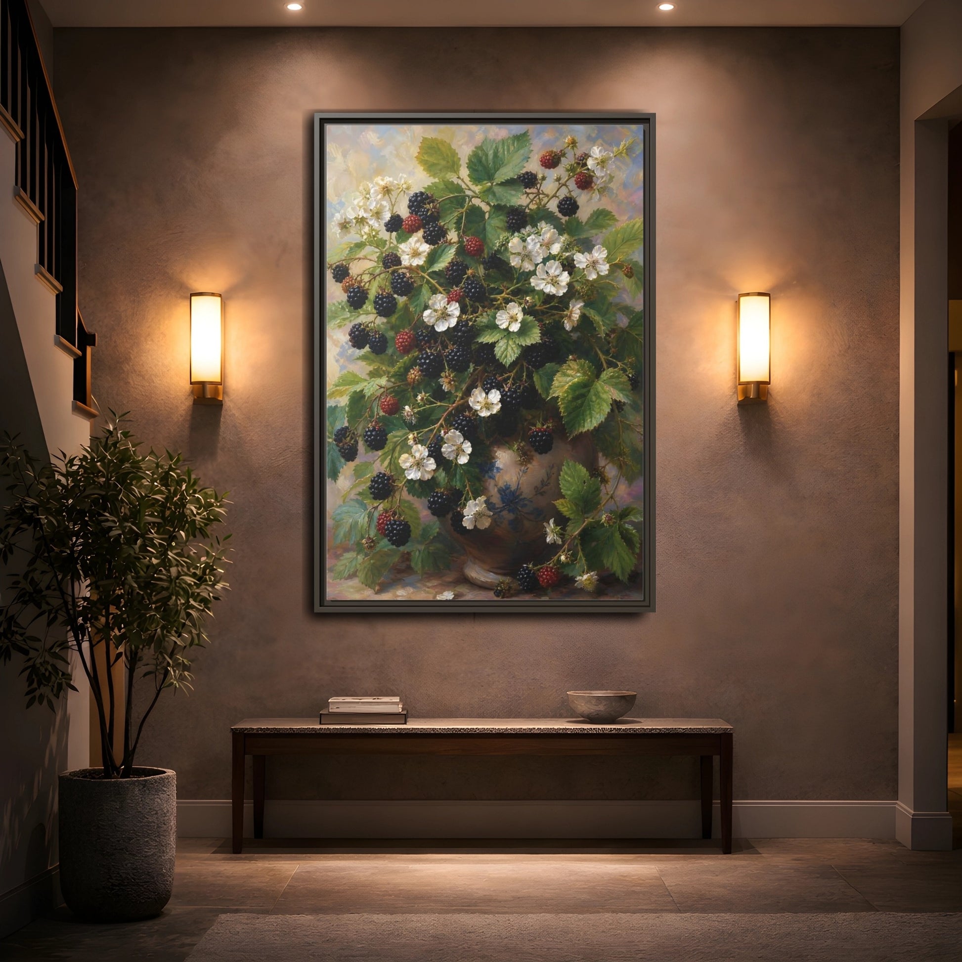 Mockup 2. Blackberry Blossoms In Vase shown as framed canvas print