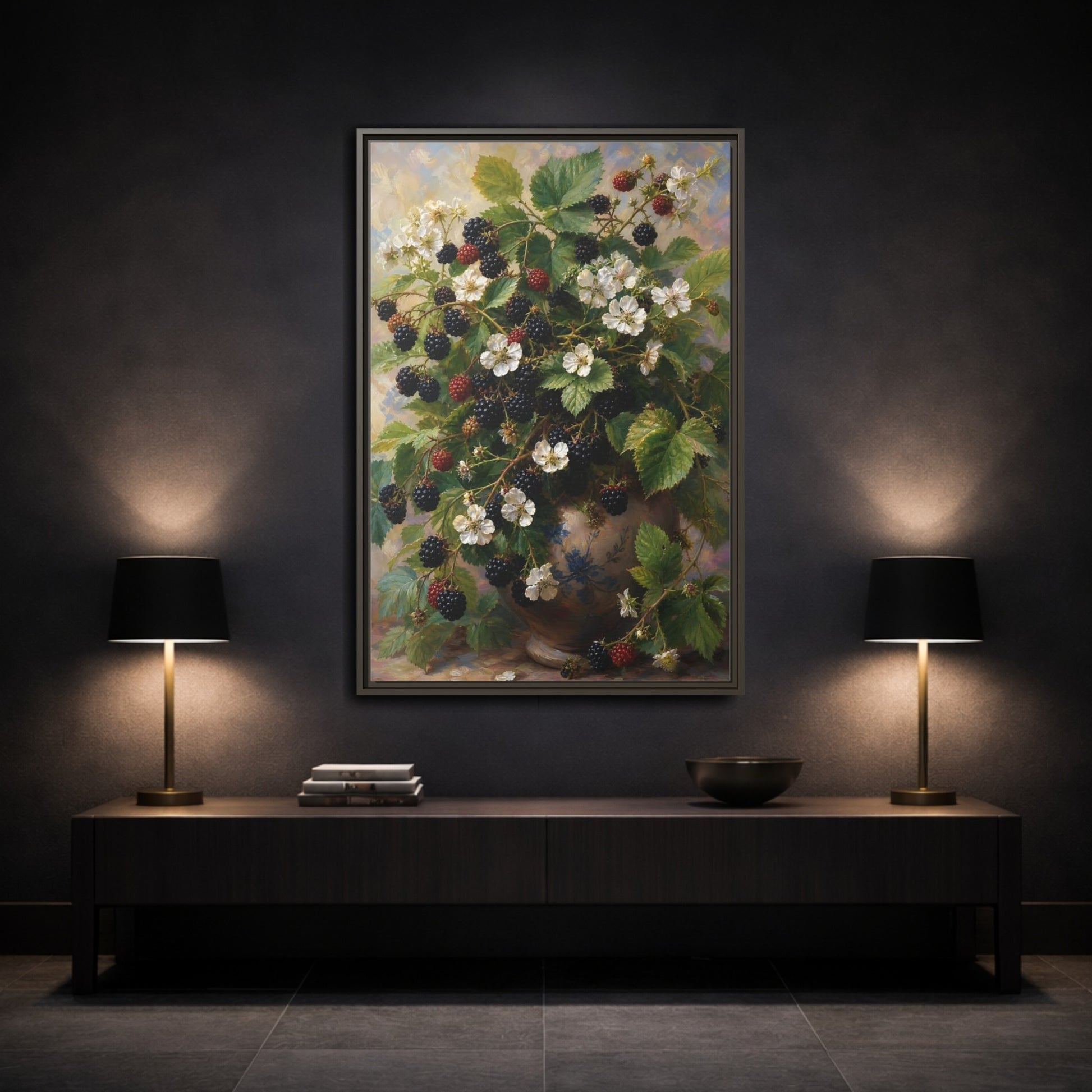 Mockup 3. Blackberry Blossoms In Vase shown as framed canvas print