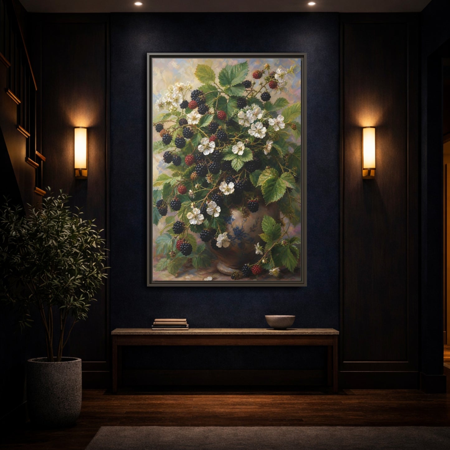 Mockup 4. Blackberry Blossoms In Vase shown as framed canvas print