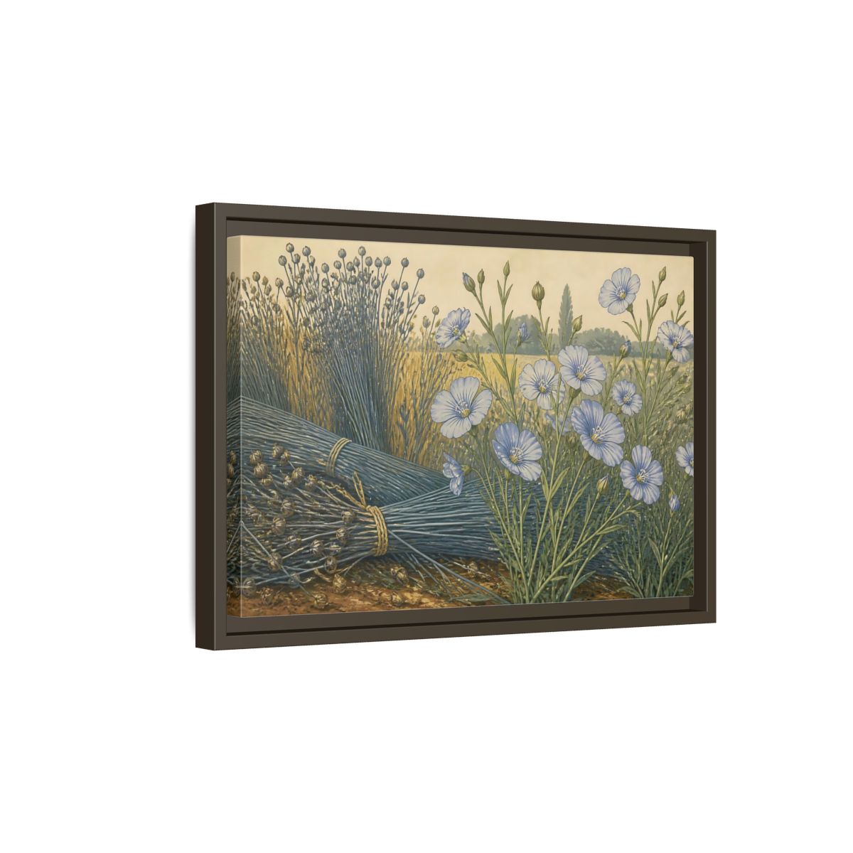 Side Mockup 5. Blooming Blue Flax shown as framed canvas print