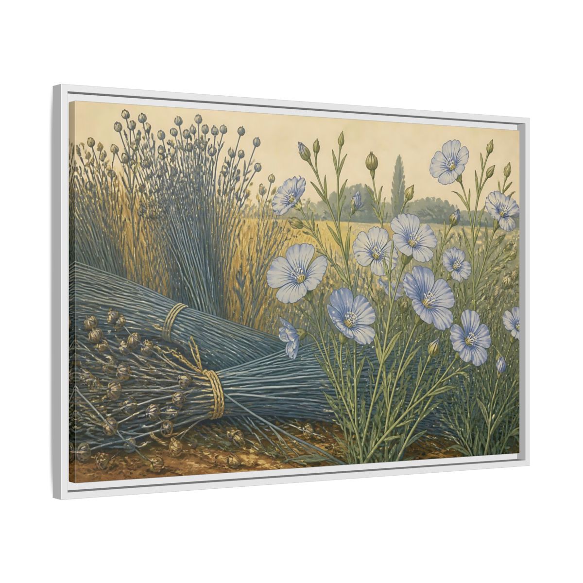 Side Mockup 9. Blooming Blue Flax shown as framed canvas print