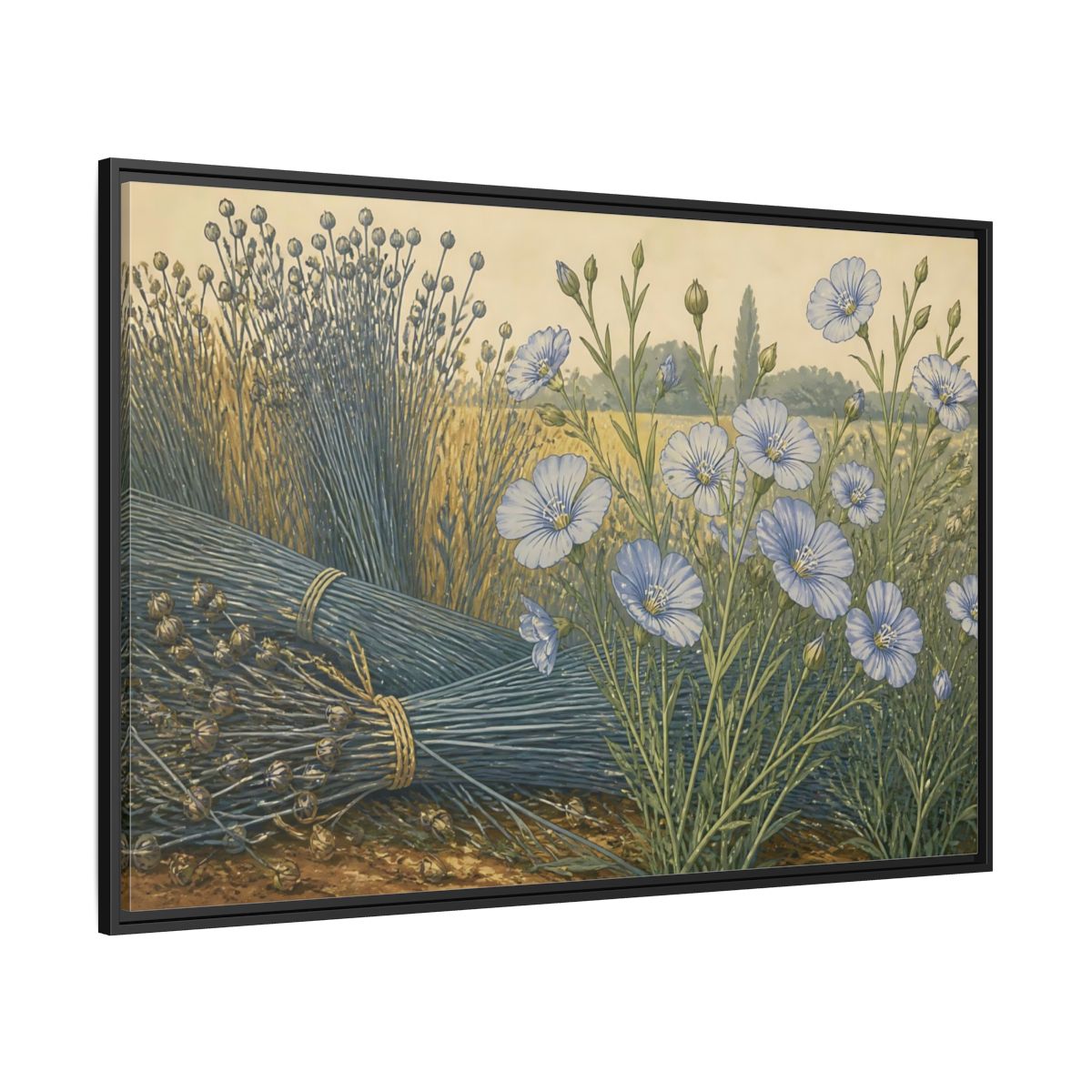 Side Mockup 12. Blooming Blue Flax shown as framed canvas print