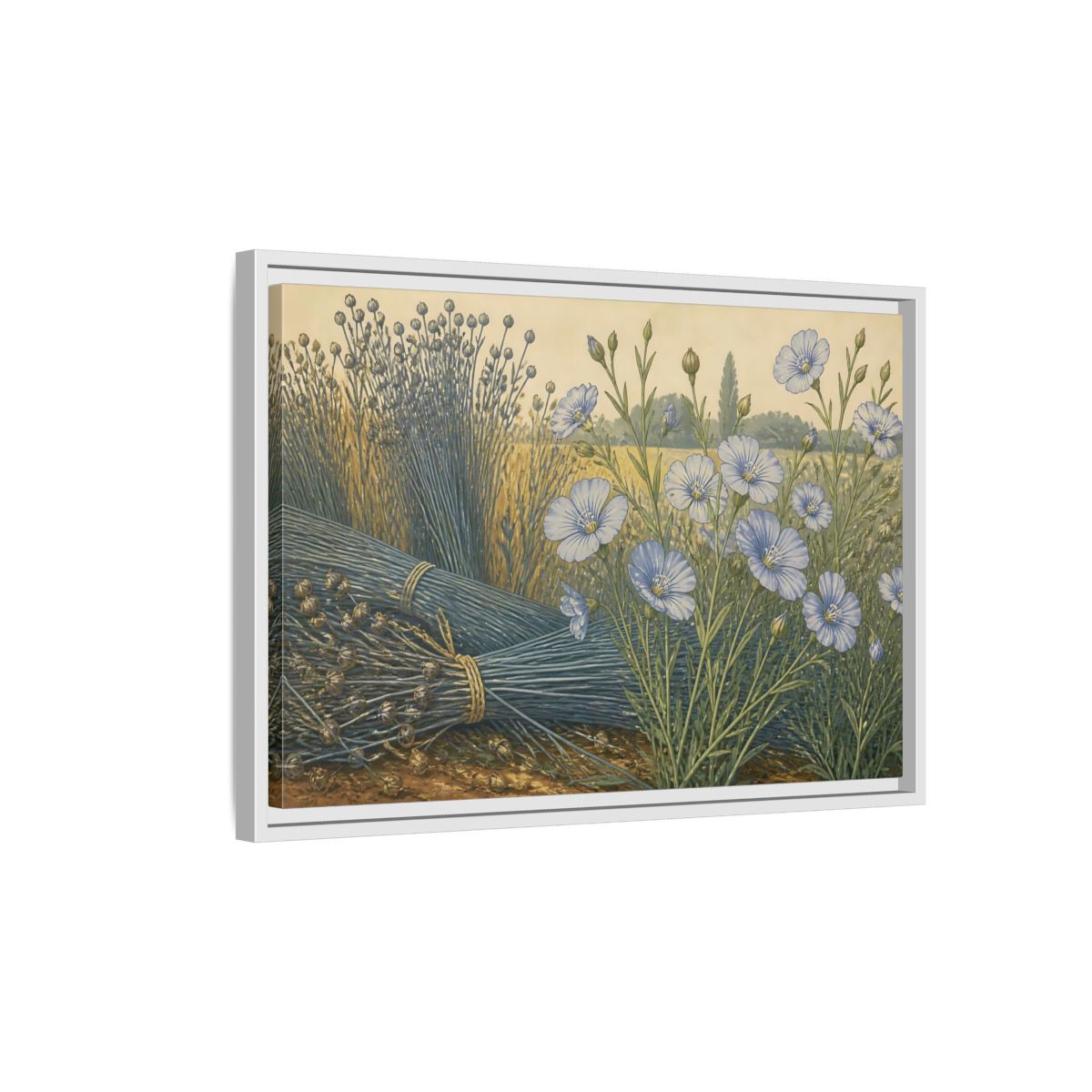 Side Mockup 1. Blooming Blue Flax shown as framed canvas print