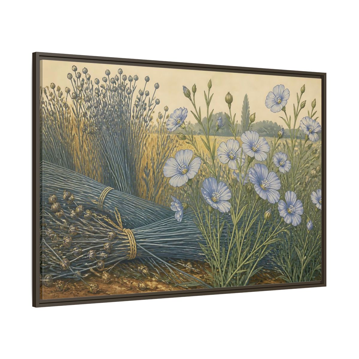 Side Mockup 8. Blooming Blue Flax shown as framed canvas print