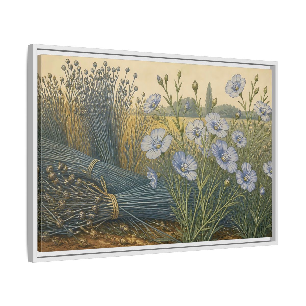 Side Mockup 10. Blooming Blue Flax shown as framed canvas print