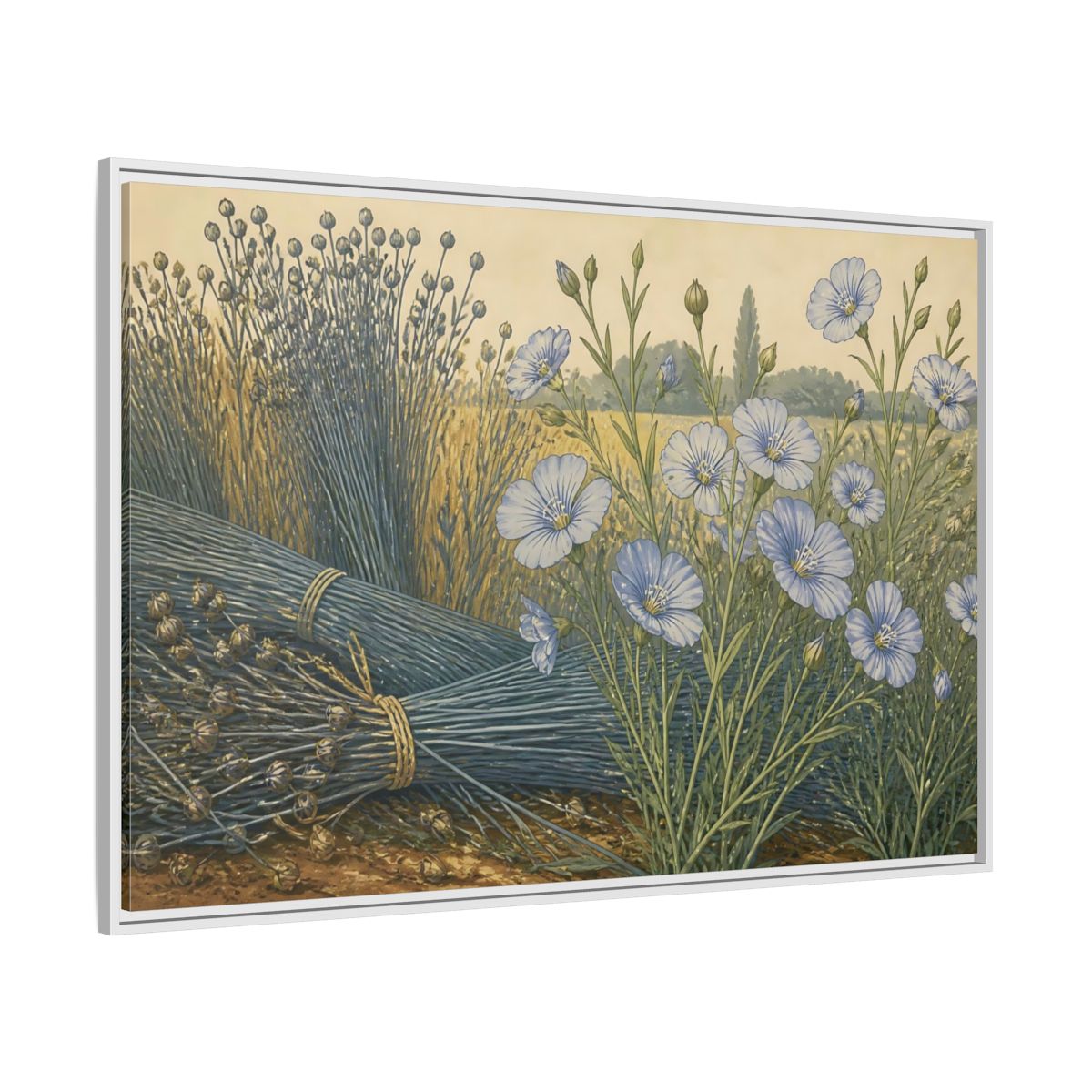 Side Mockup 7. Blooming Blue Flax shown as framed canvas print