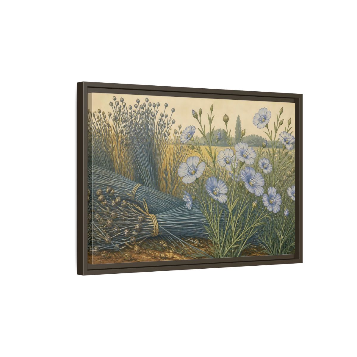 Side Mockup 2. Blooming Blue Flax shown as framed canvas print