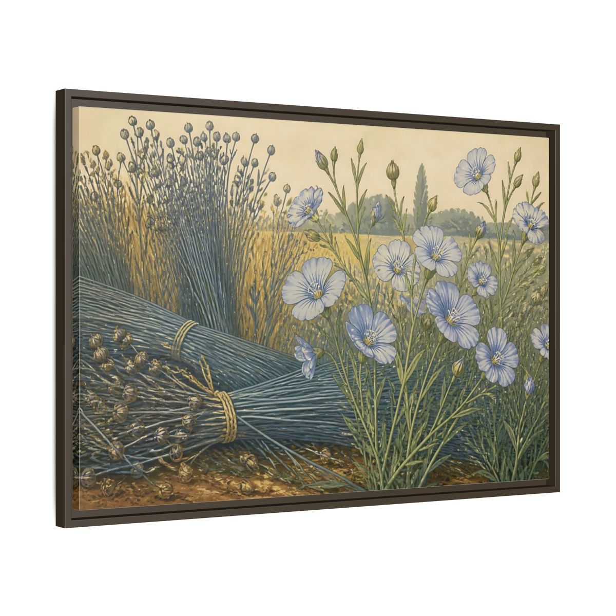 Main Mockup. Blooming Blue Flax shown as framed canvas print