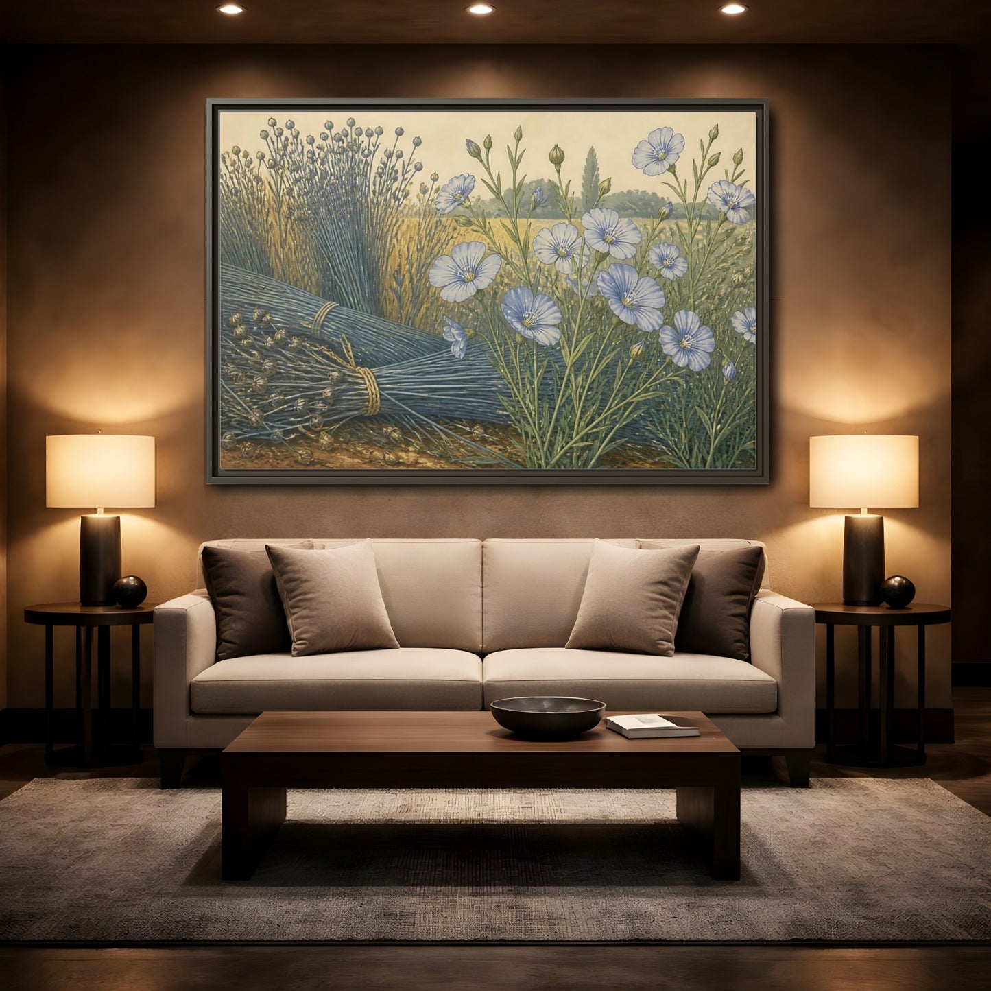 Mockup 2. Blooming Blue Flax shown as framed canvas print