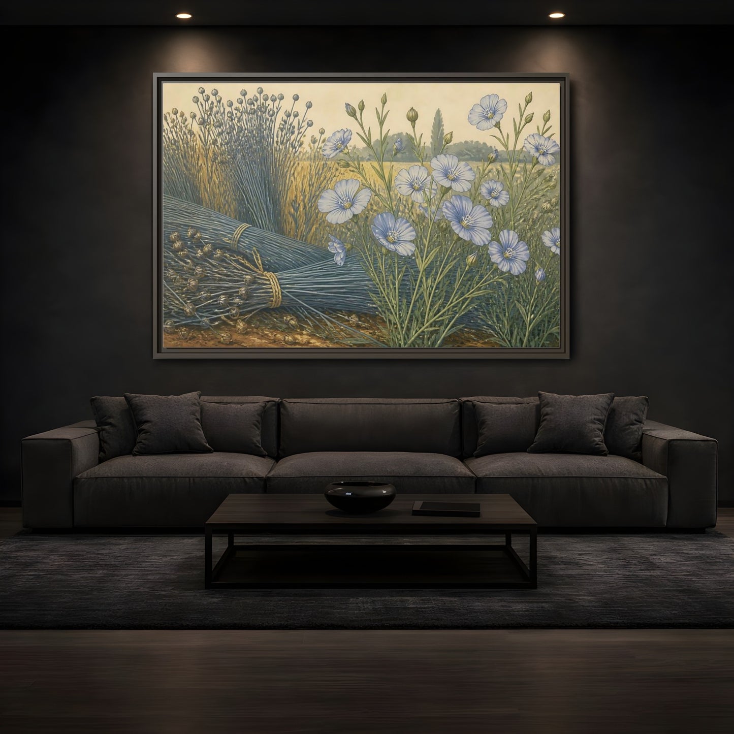 Mockup 3. Blooming Blue Flax shown as framed canvas print