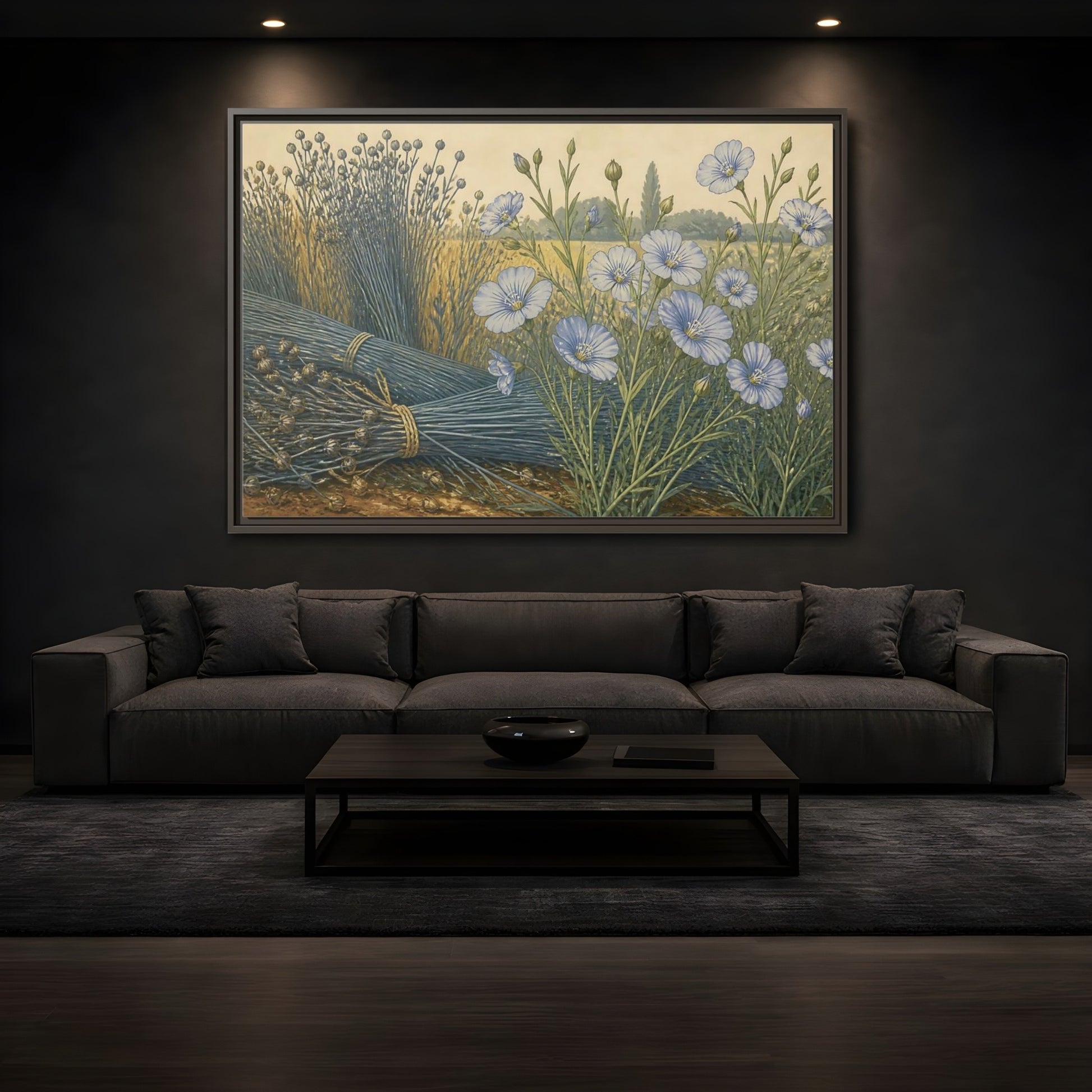 Mockup 3. Blooming Blue Flax shown as framed canvas print