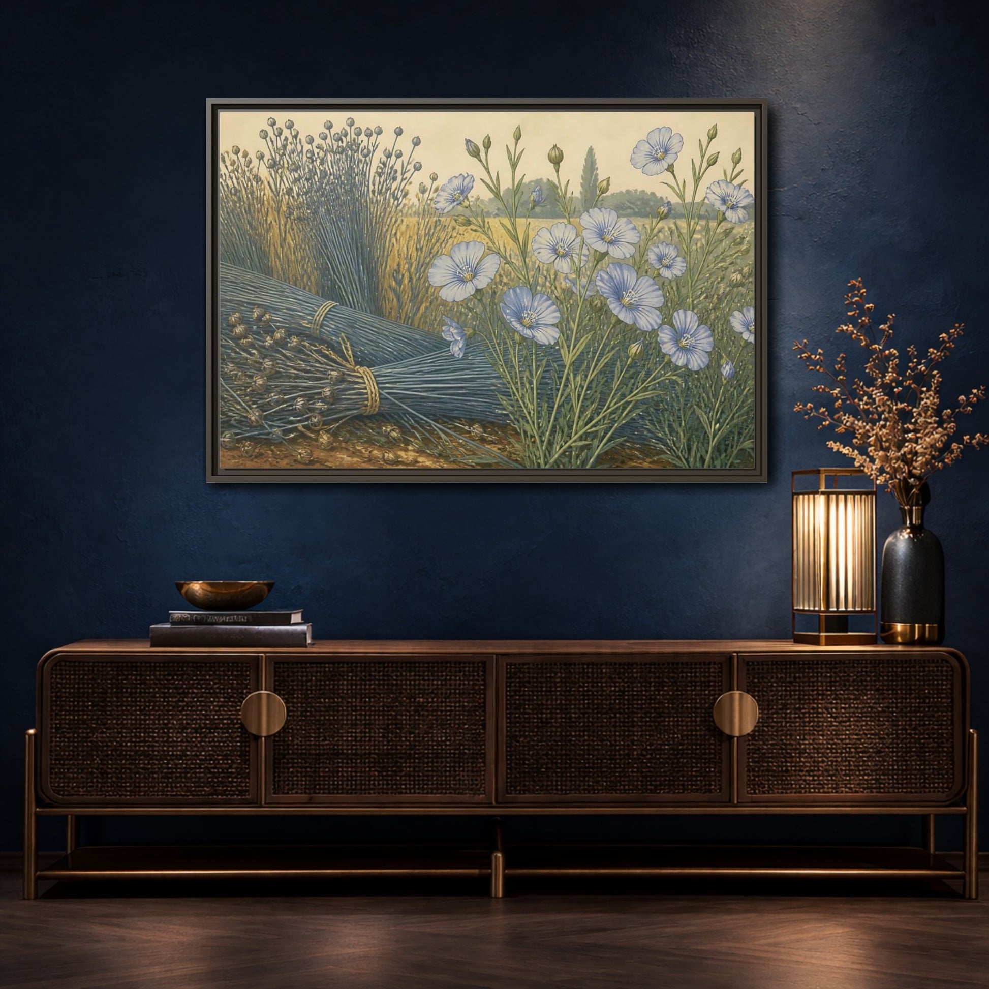 Mockup 4. Blooming Blue Flax shown as framed canvas print