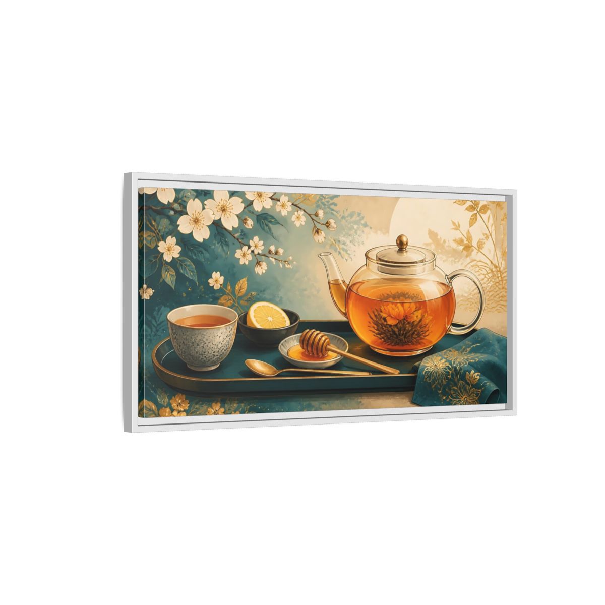 Side Mockup 1. Blooming Tea Tray shown as framed canvas print