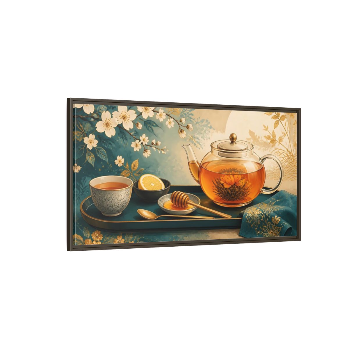 Side Mockup 4. Blooming Tea Tray shown as framed canvas print