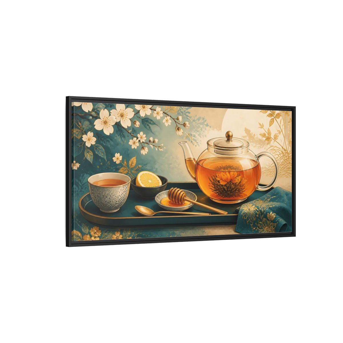 Side Mockup 5. Blooming Tea Tray shown as framed canvas print