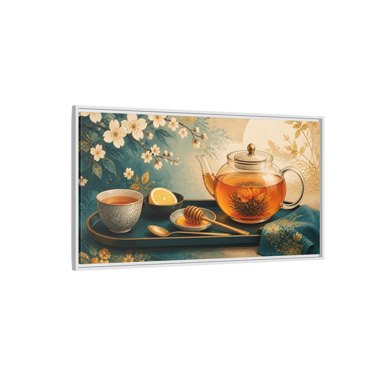 Side Mockup 3. Blooming Tea Tray shown as framed canvas print