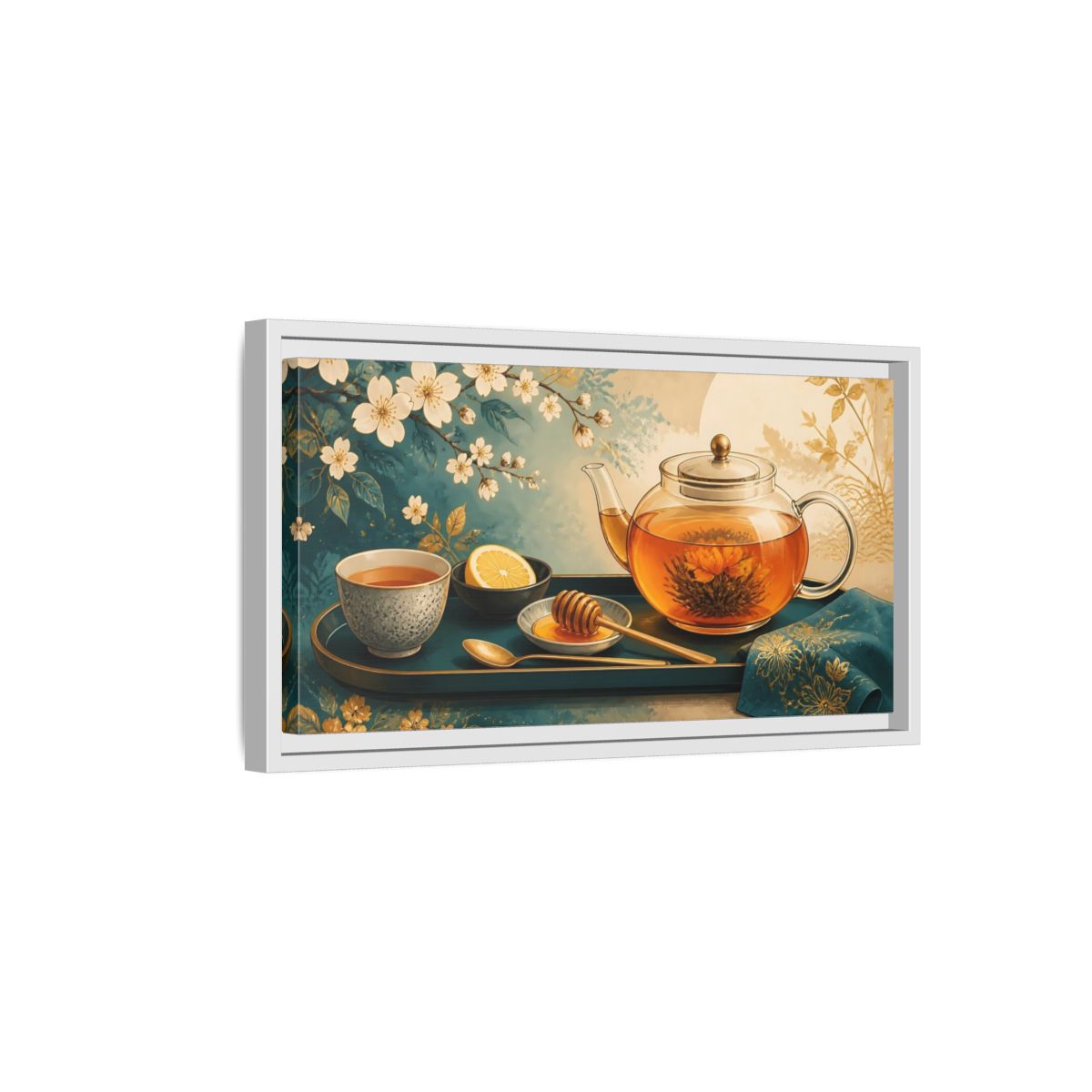 Side Mockup 6. Blooming Tea Tray shown as framed canvas print