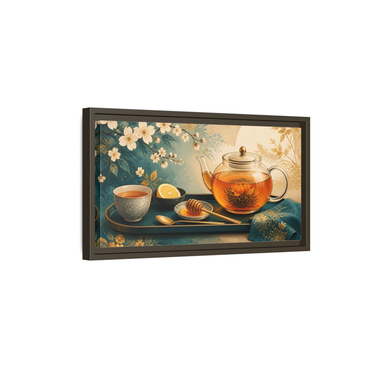 Side Mockup 7. Blooming Tea Tray shown as framed canvas print