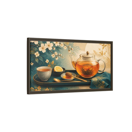 Main Mockup. Blooming Tea Tray shown as framed canvas print