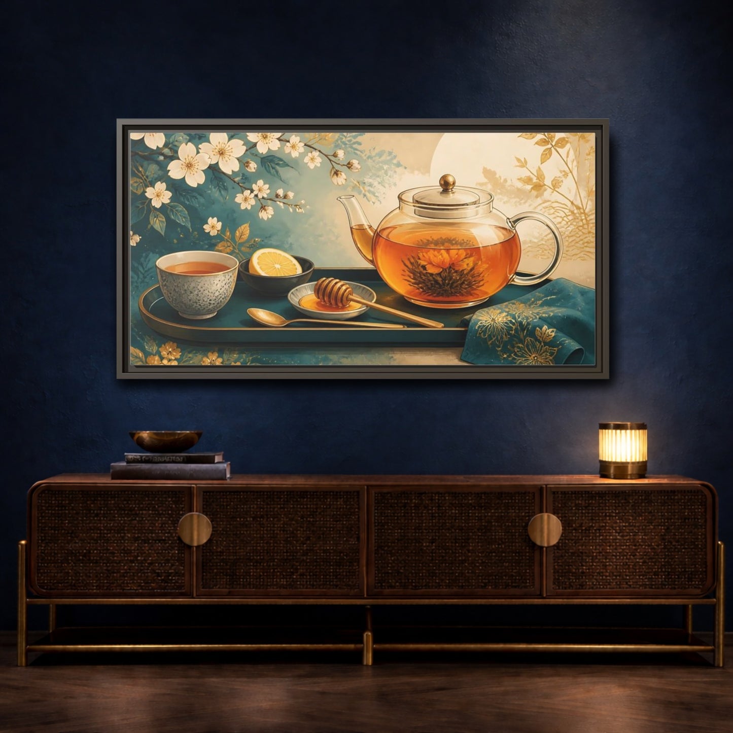 Mockup 4. Blooming Tea Tray shown as framed canvas print
