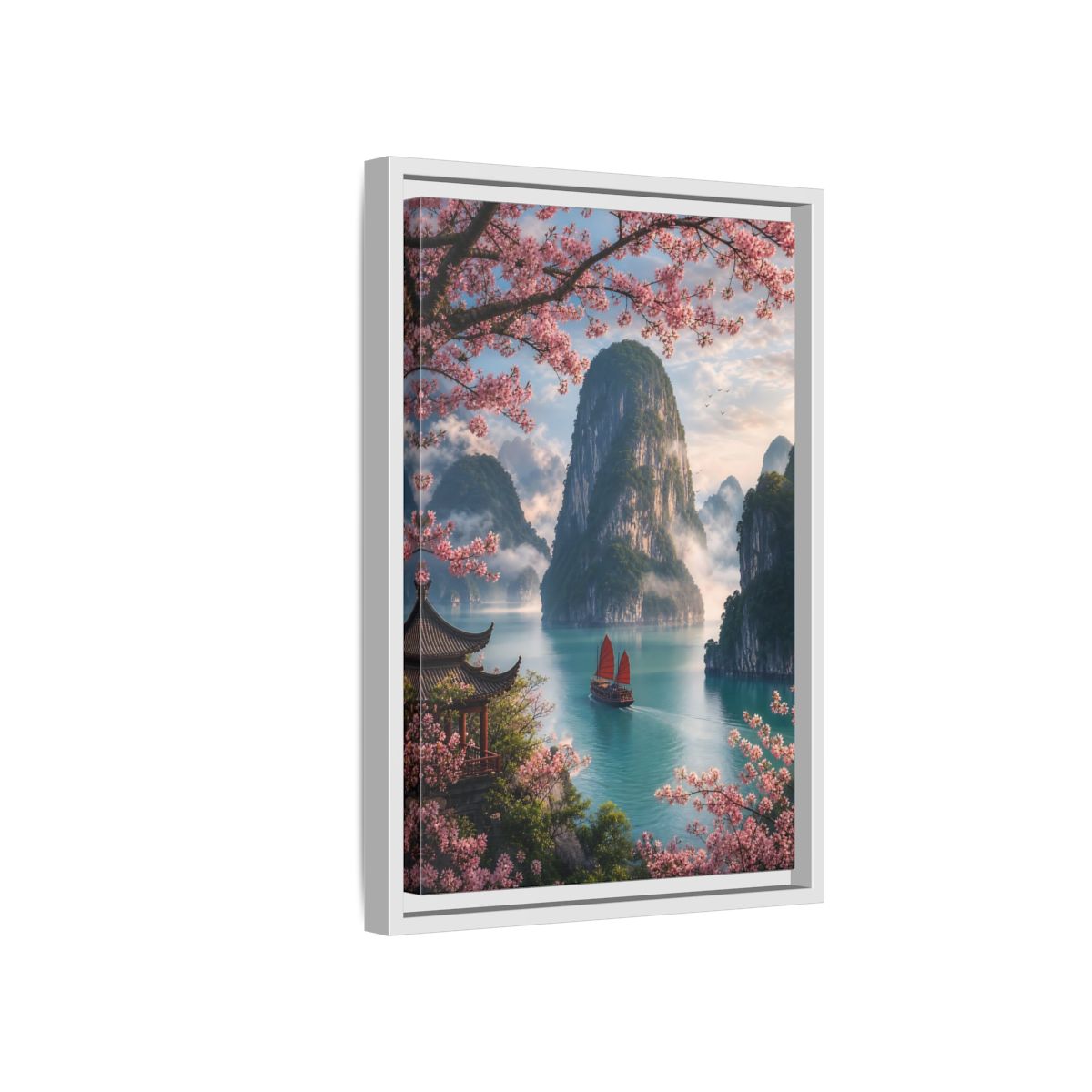 Side Mockup 4. Blossom Bay Voyage shown as framed canvas print
