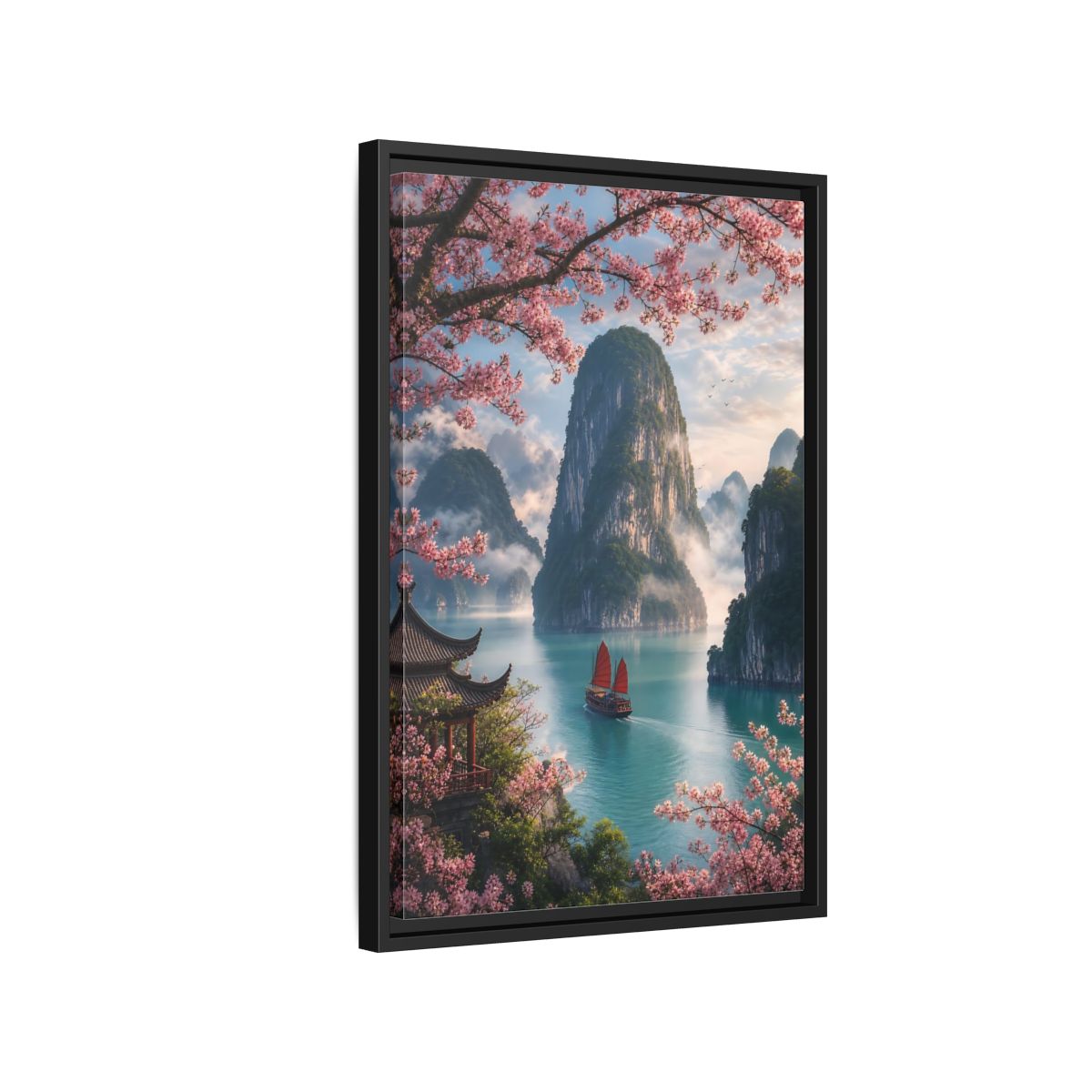 Side Mockup 3. Blossom Bay Voyage shown as framed canvas print