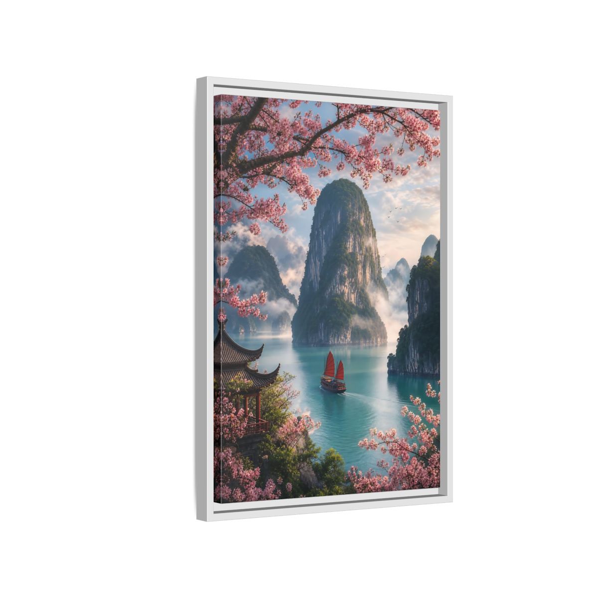 Side Mockup 1. Blossom Bay Voyage shown as framed canvas print