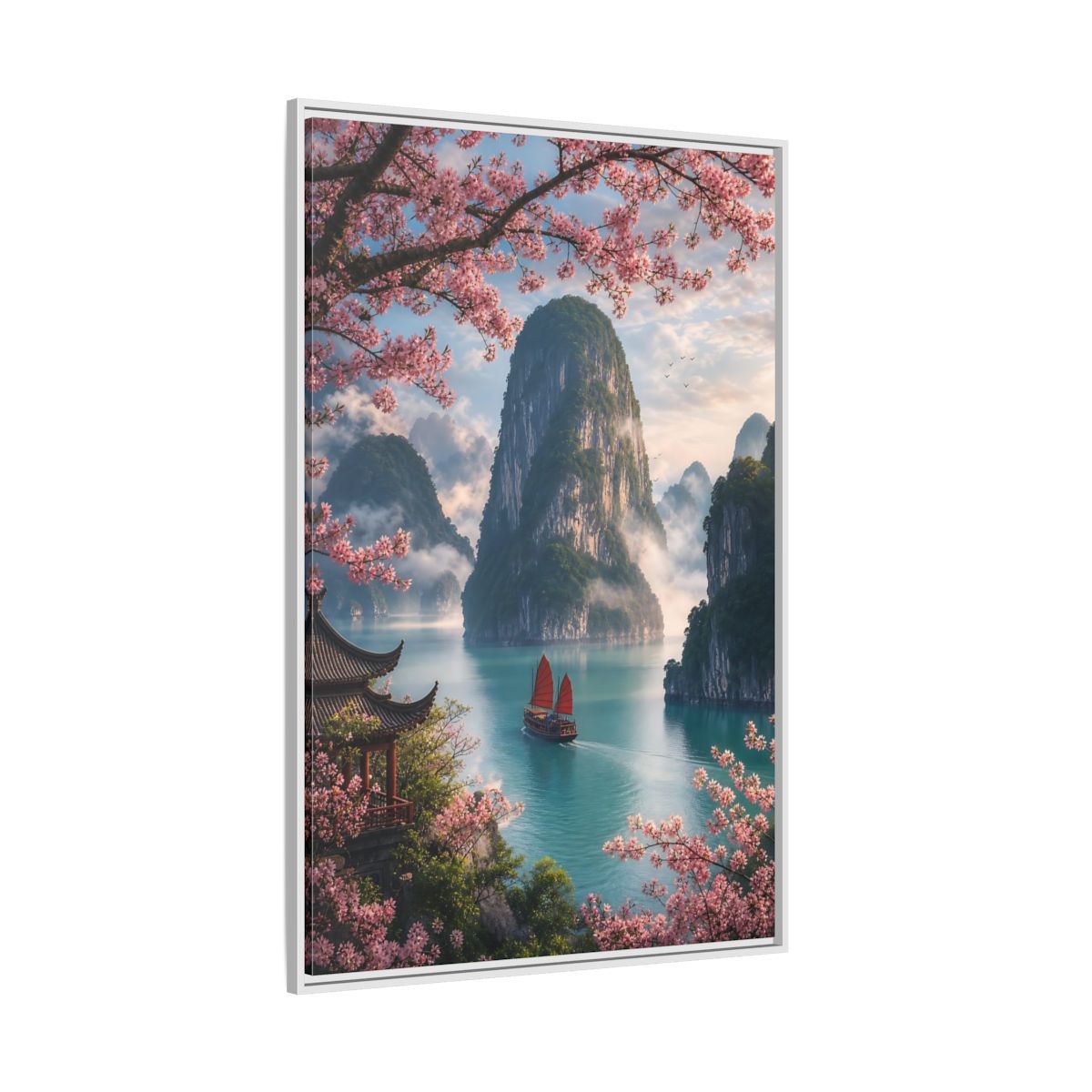 Side Mockup 7. Blossom Bay Voyage shown as framed canvas print