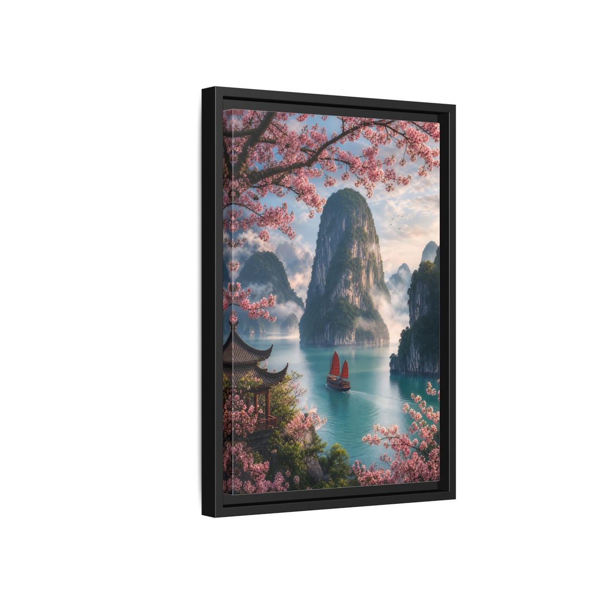 Side Mockup 6. Blossom Bay Voyage shown as framed canvas print