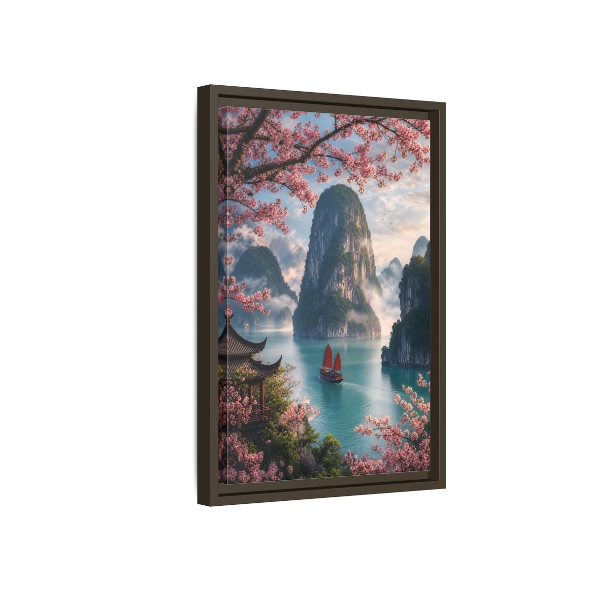 Side Mockup 5. Blossom Bay Voyage shown as framed canvas print