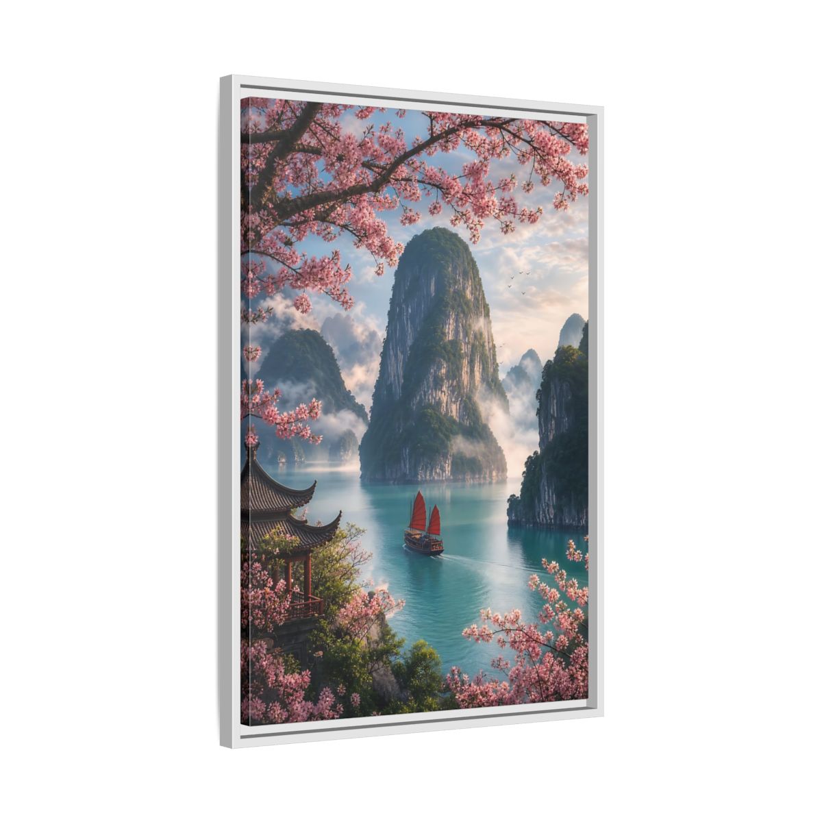 Side Mockup 10. Blossom Bay Voyage shown as framed canvas print