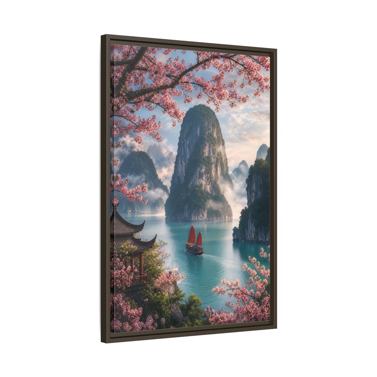Side Mockup 11. Blossom Bay Voyage shown as framed canvas print