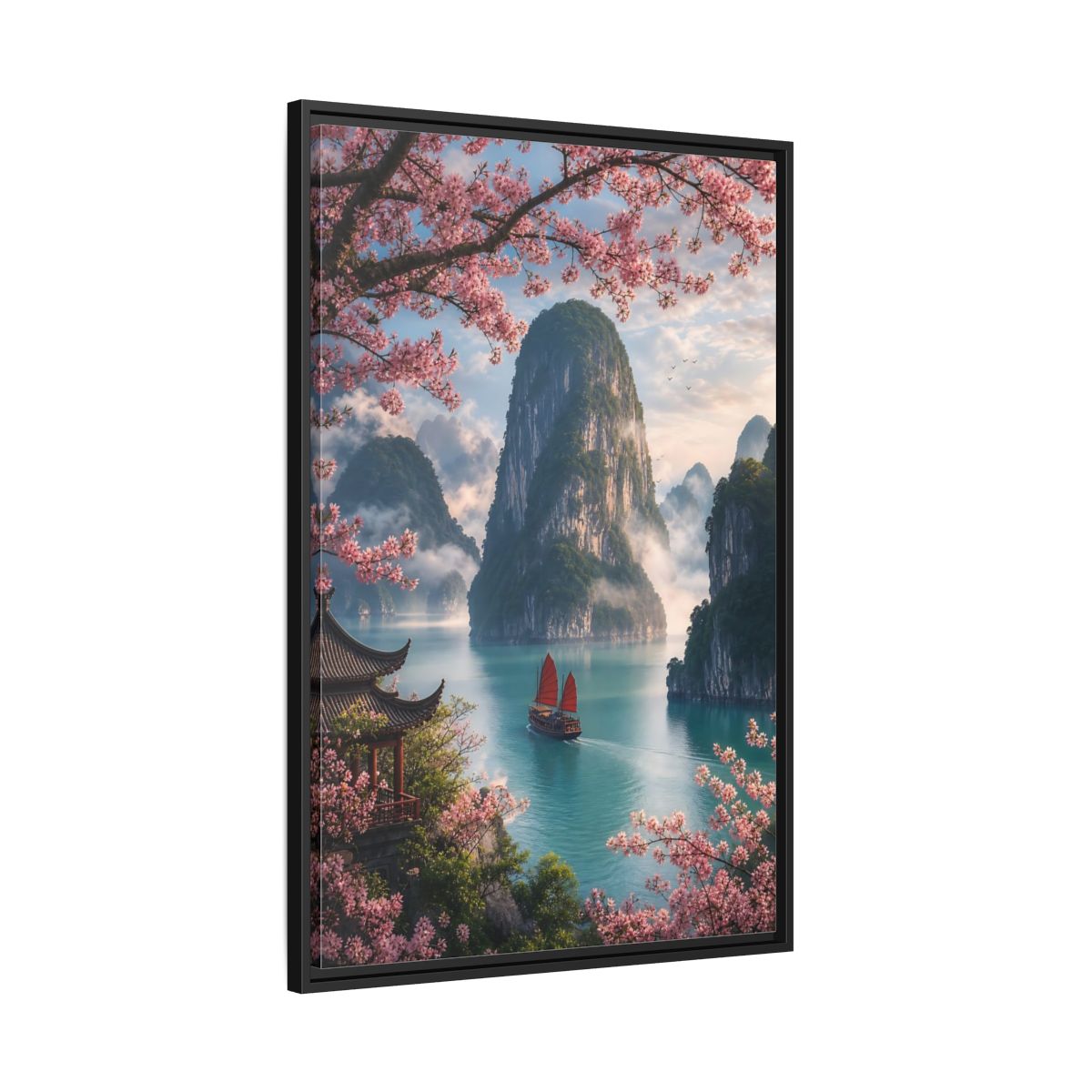 Side Mockup 13. Blossom Bay Voyage shown as framed canvas print