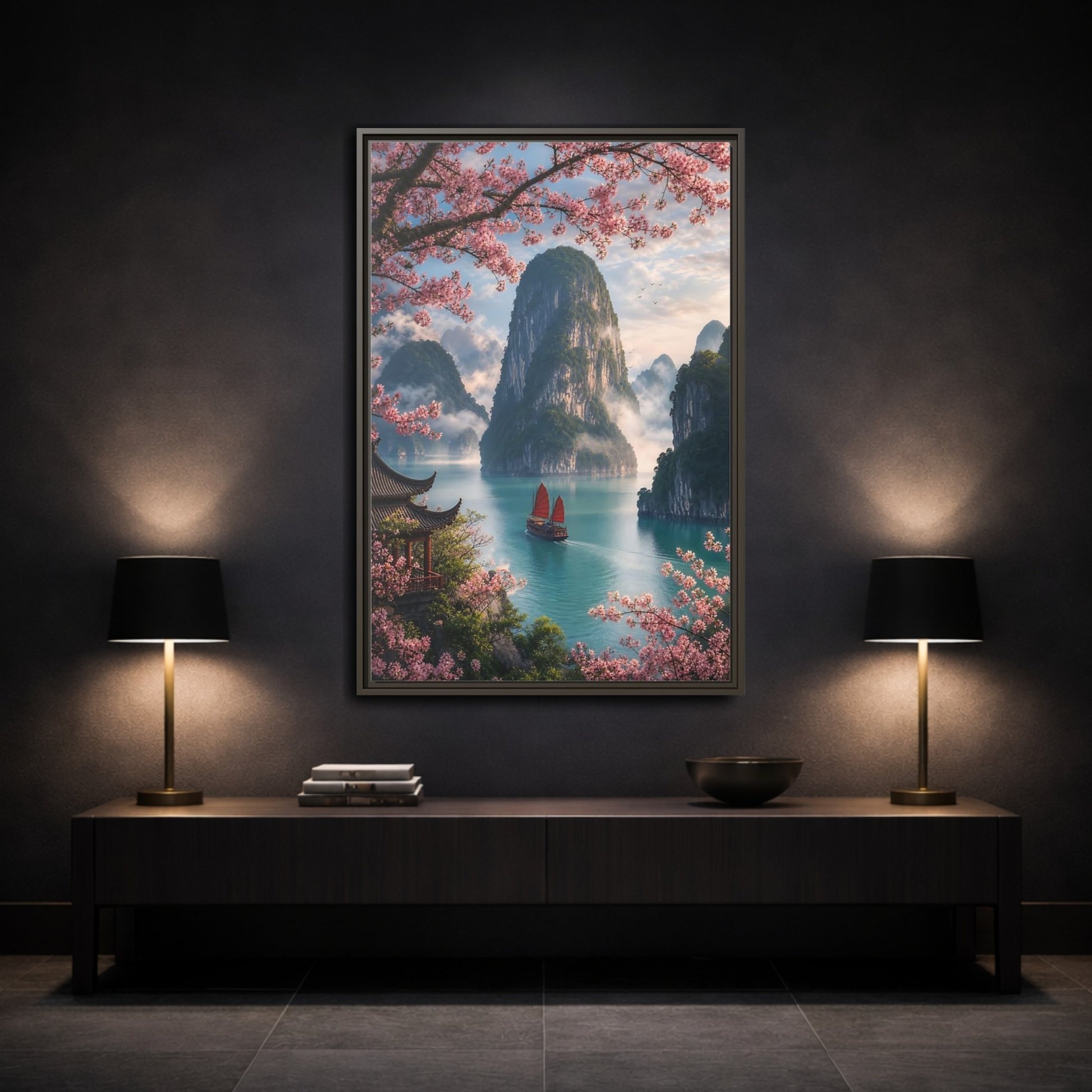 Mockup 3. Blossom Bay Voyage shown as framed canvas print