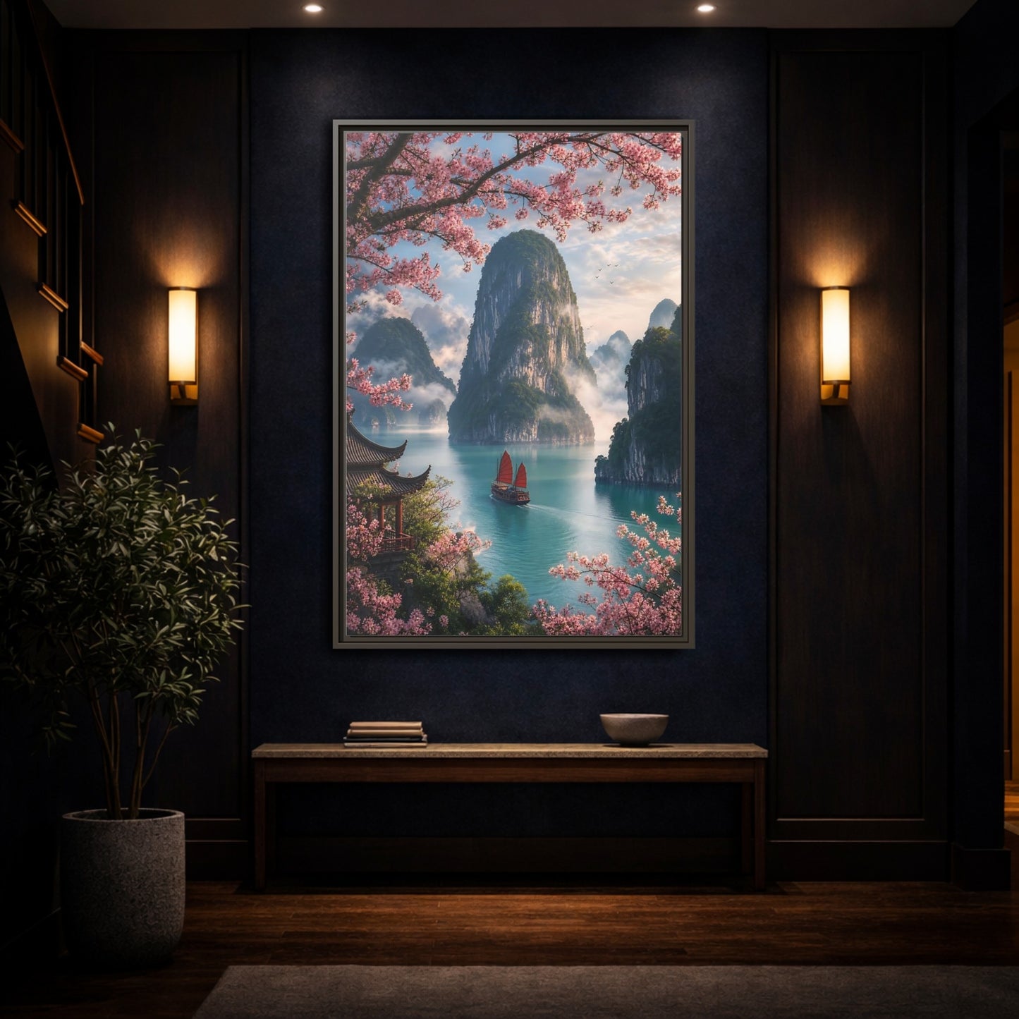 Mockup 4. Blossom Bay Voyage shown as framed canvas print