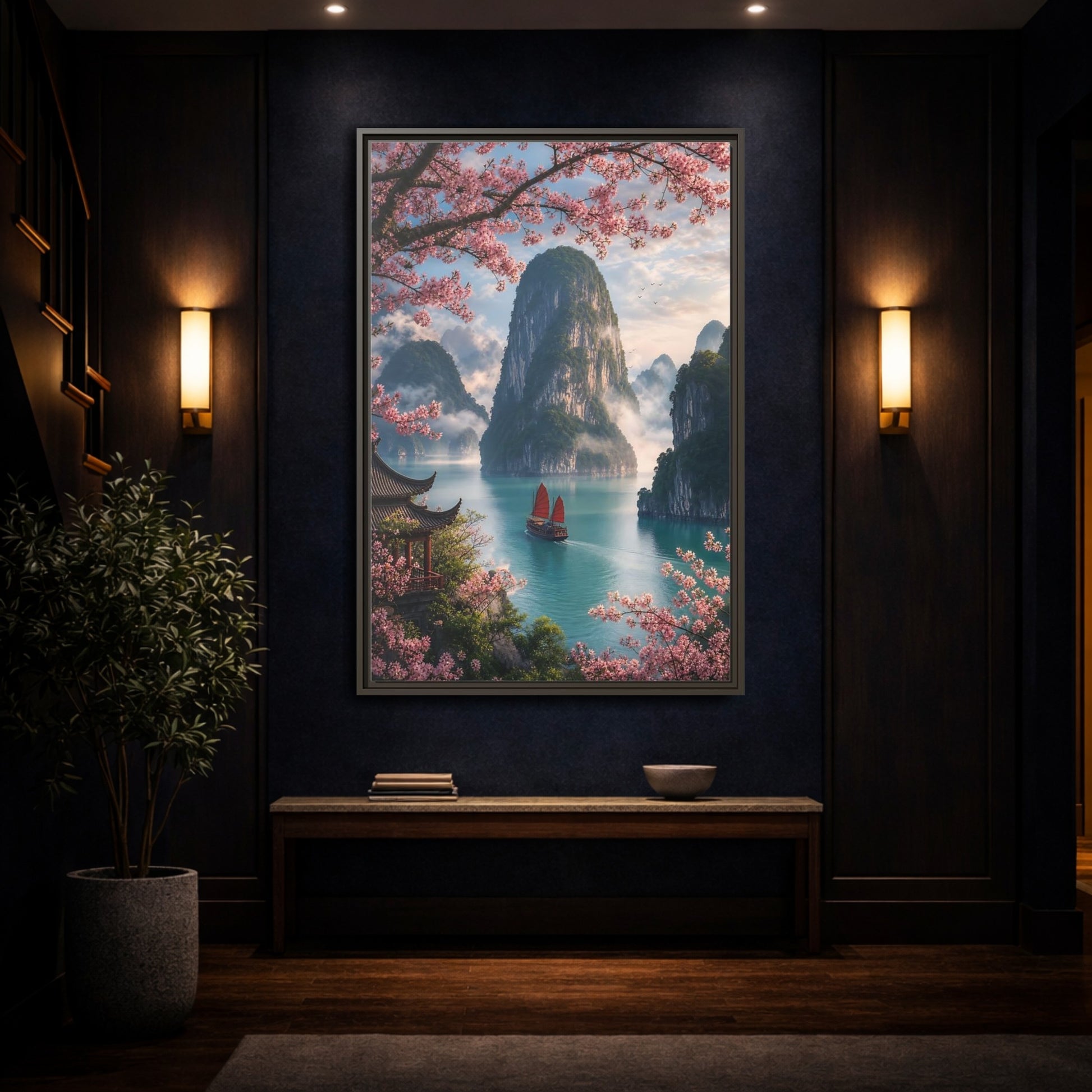 Mockup 4. Blossom Bay Voyage shown as framed canvas print