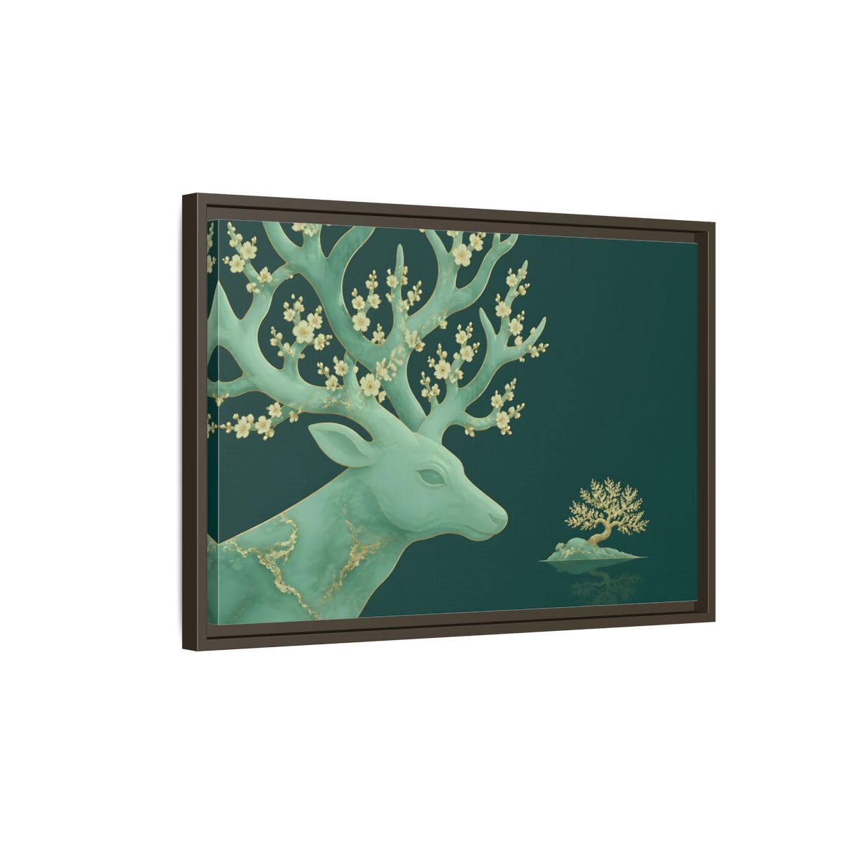 Side Mockup 2. Blossoming Jade Stag shown as framed canvas print