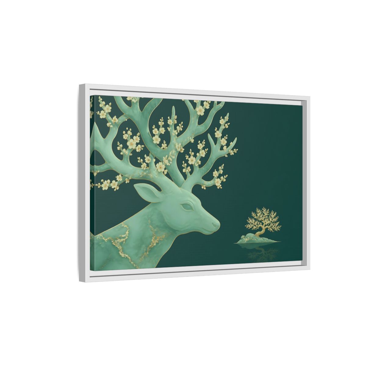 Side Mockup 1. Blossoming Jade Stag shown as framed canvas print