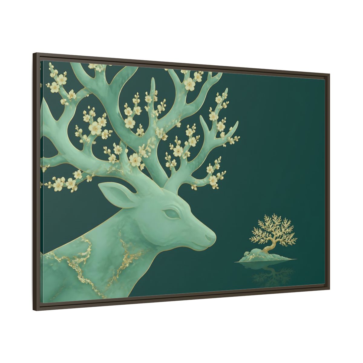 Side Mockup 8. Blossoming Jade Stag shown as framed canvas print