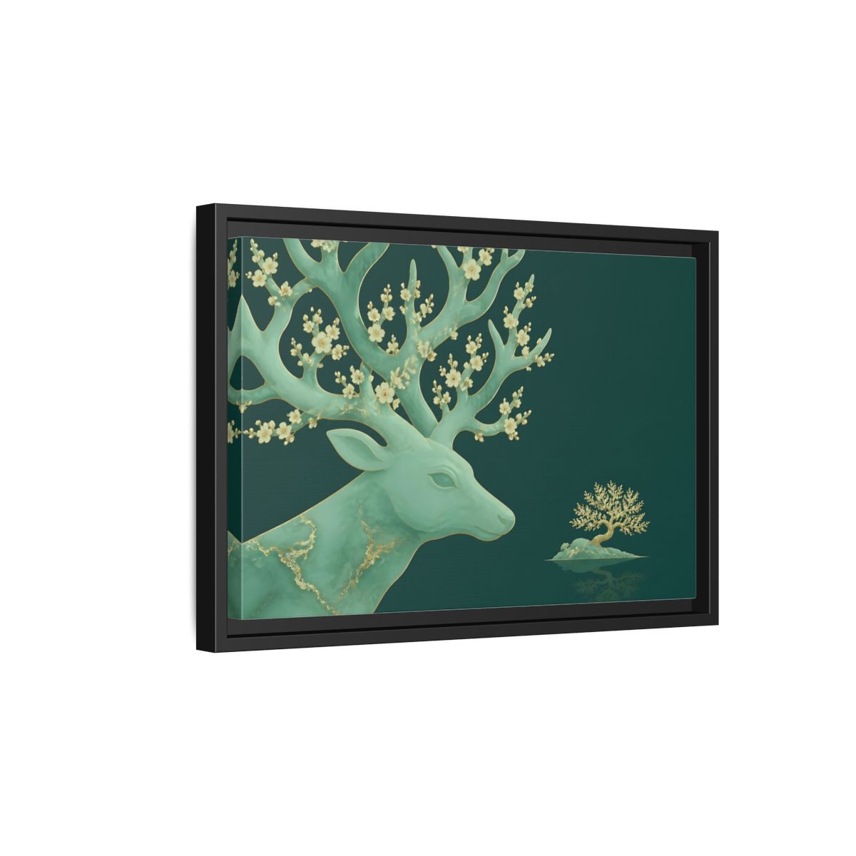 Side Mockup 6. Blossoming Jade Stag shown as framed canvas print