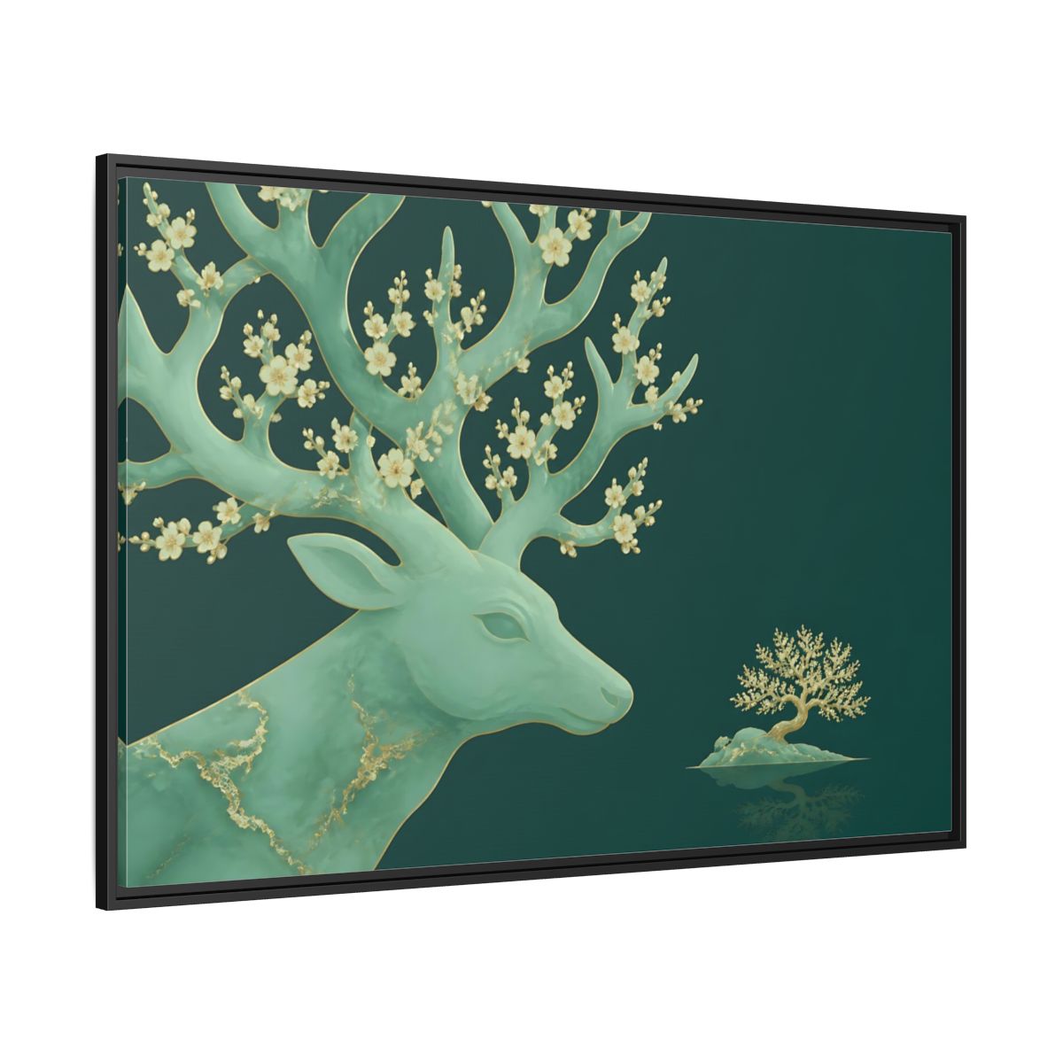 Side Mockup 12. Blossoming Jade Stag shown as framed canvas print
