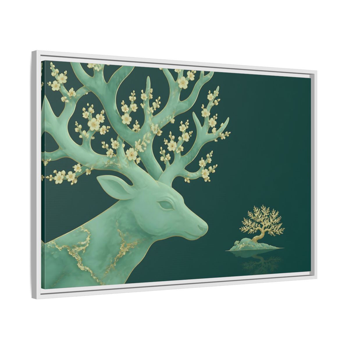 Side Mockup 9. Blossoming Jade Stag shown as framed canvas print